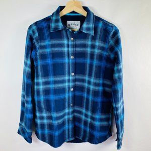 Orvis Flannel Blue Plaid Shirt shacket Snap Front